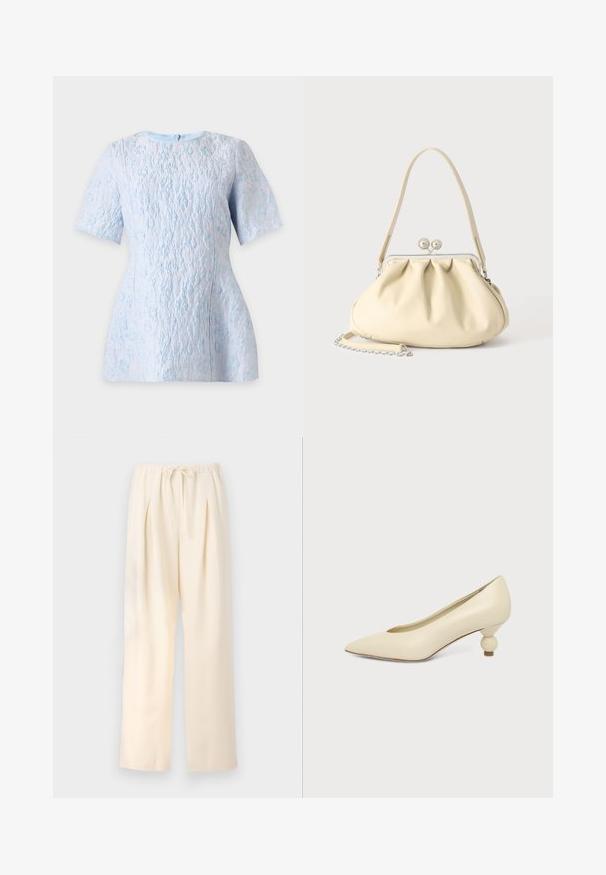 Blusa de manga corta texturizada en azul claro con un sutil estampado floral, escote barco y cierre de cremallera en la espalda.; Pantalones plisados beige con cinturilla elástica y cordón ajustable. Tejido ligero y diseño de pierna ancha y recta.; Zapato de mujer color crema con punta afilada y tacón bajo, con tacón redondo en forma de bola, sobre un fondo liso.; Bolso de mano de piel suave color crema con diseño fruncido, cierre de marco plateado, asa corta y una correa de cadena desmontable.
