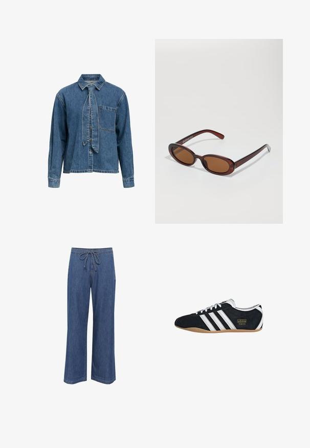 Sinine teksatikkadega triiksärk pikkade varrukatega, ees nuppudega, rinnatasku ja sisseehitatud kaelapaela detailiga.; Denim laiad jalgadega püksid, millel on paelu peegel ja keskmiselt sinine värv, sirge lõige ning peened õmbluse detailid.; Must musta tennisjalanikesed valgete kolme triibuga, kuldse logo ja pruuni kummitaldiga. Omab madalat sidumise disaini.; Ümar, pruunikased päikeseprillid läikiva burgundia raami ja peente kaubamärgi detailidega. Peened sangad ja lame läätsedesain.