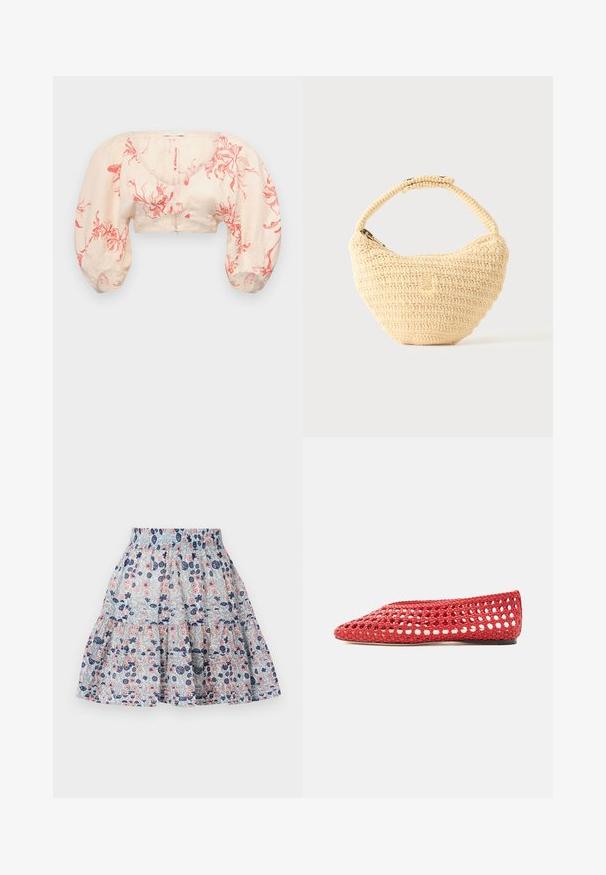 Afskåret bluse i lys beige med rødt blomster mønster. Har pufærmer og V-halsudskæring. Lavet af letvægtsstof med en glat tekstur.; Blomstret nederdel i lyseblå, med pink og marineblå blomster. Lagdelt design med elastisk talje og blødt, struktureret stof.; Rød vævet flad sko med åbent gitterdesign og solid sål, vist fra siden på en hvid baggrund.; Beige vævet håndtaske med afrundet krop, lynlås, og en kort, tyk strop i en enkel, tekstureret hæklestil.