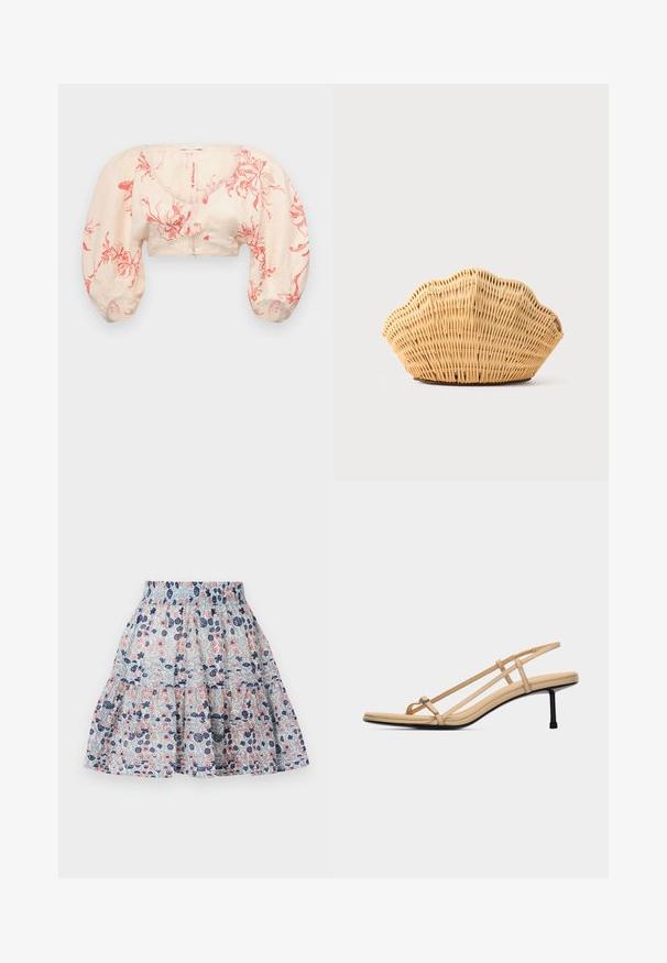 Afskåret bluse i lys beige med rødt blomster mønster. Har pufærmer og V-halsudskæring. Lavet af letvægtsstof med en glat tekstur.; Blomstret nederdel i lyseblå, med pink og marineblå blomster. Lagdelt design med elastisk talje og blødt, struktureret stof.; Beige sandal med stropper, tynd tåsløjfe, to sidelommer, slingback-strop, polstret fodseng og slank sort mellemhøj hæl.; Vævet rattan håndtaske formet som en kammusling med naturlig lysebrun farve og afrundede, strukturerede kanter.