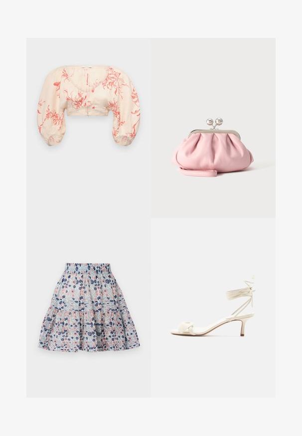 Blusa corta en un tono beige claro con un patrón floral rojo. Presenta mangas abullonadas y un escote en V. Está confeccionada con un tejido ligero y de textura suave.; Falda de estampado floral en azul claro, con flores en tonos rosa y marino. Diseño en capas con una cinturilla elástica y tela suave y texturizada.; Sandalia de tacón bajo color crema con lazos alrededor del tobillo y una amplia tira retorcida sobre los dedos, sobre un fondo blanco liso.; Pequeño bolso de mano rosa suave con marco metálico plateado y cierre redondo, reposando sobre una superficie plana y clara con la correa de muñeca doblada al frente.