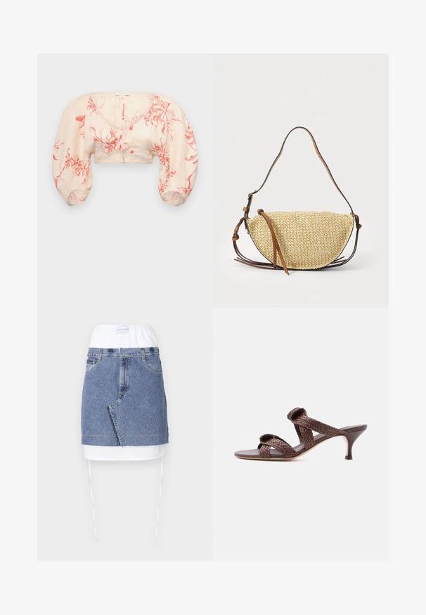 Afskåret bluse i lys beige med rødt blomster mønster. Har pufærmer og V-halsudskæring. Lavet af letvægtsstof med en glat tekstur.; Denim nederdel med en blå krop, hvid perforeret talje og snoretræk. Har forlommer og en lige pasform med rå kant.; Brun vævet læder-sandal med to remme og en lav kittenhæle på en ensfarvet hvid baggrund.; Vævet stråtask med en halvmåneform, der har en brun læderrem og accenter. Textureret, naturlig farve med glatte kanter.