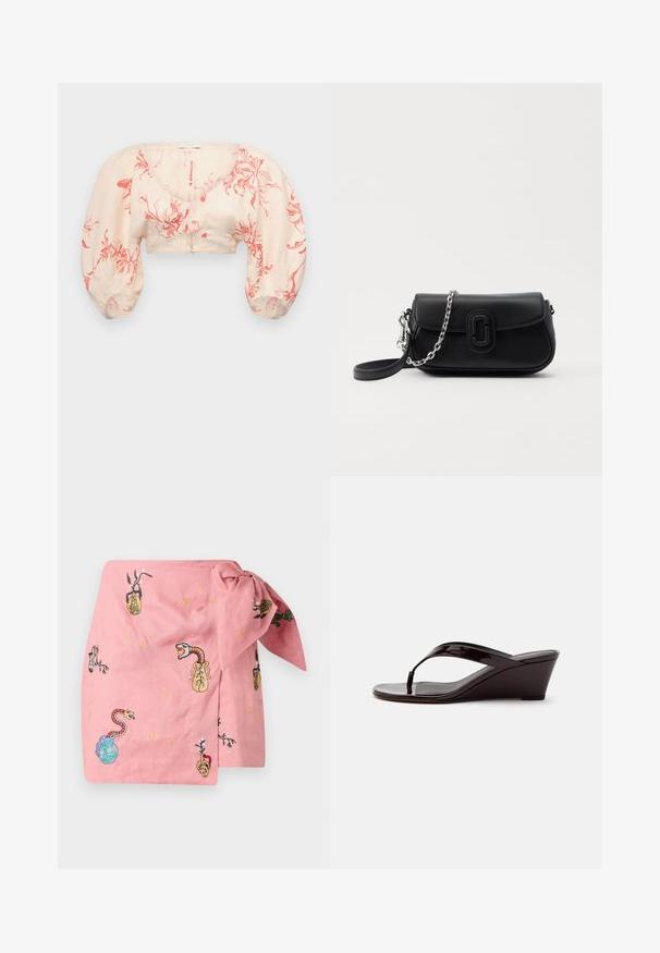 Afskåret bluse i lys beige med rødt blomster mønster. Har pufærmer og V-halsudskæring. Lavet af letvægtsstof med en glat tekstur.; Lyserød slå-om-nederdel med forskellige broderede motiver, herunder slanger, vaser og planter, med gyldne og flerfarvede accenter over det hele.; Brun patentlæder kile-sandal med tåremme og åben tå, vist i sideprofil på en ensfarvet baggrund.; Sort læder crossover taske med sølv kæde og sort rem, frontklap med afrundet rektangulært logo-detalje, på hvid baggrund.