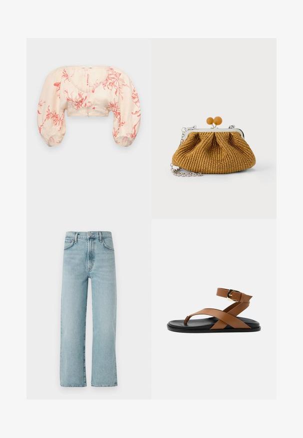Blouse courte en beige clair avec un motif floral rouge. Présente des manches bouffantes et un décolleté en V. Fabriquée en tissu léger avec une texture lisse.; Jean droit bleu clair en denim, doté d'une taille haute, d'une fermeture à bouton à l'avant et d'une décoloration subtile sur le tissu.; Sandale plate avec semelle noire, boucle d’orteil en cuir marron, brides croisées, bride à la cheville et boucle dorée sur fond neutre.; Petite pochette tissée marron avec cadre métallique argenté, deux fermoirs ronds en bois, et une courte chaîne argentée sur fond blanc.