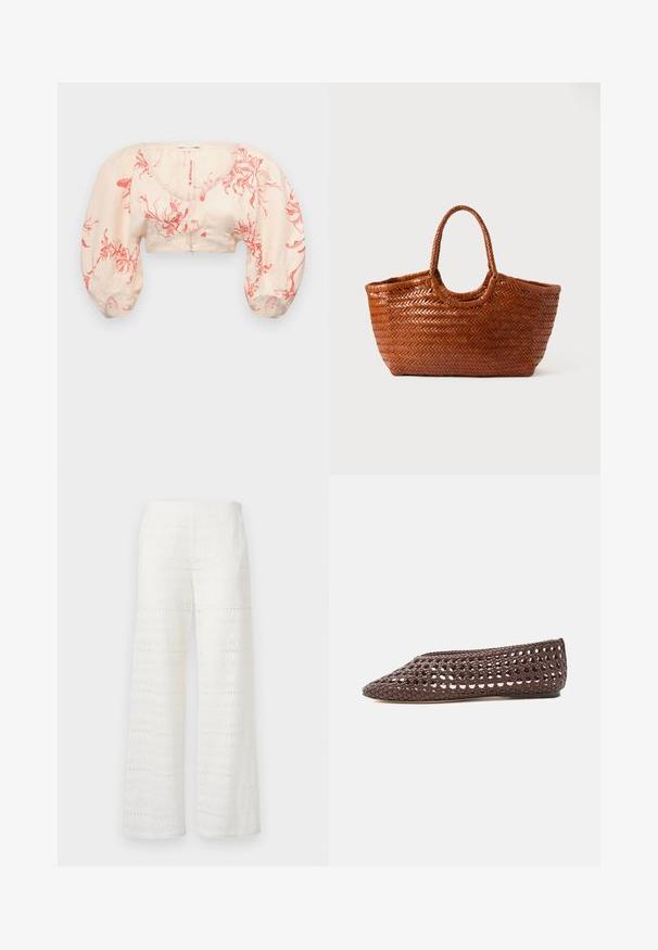 Afskåret bluse i lys beige med rødt blomster mønster. Har pufærmer og V-halsudskæring. Lavet af letvægtsstof med en glat tekstur.; Bredde ben hvide bukser med broderede mønstre, hulmønster-detaljer og en struktureret overflade; lavet af letvægtsstof for åndbarhed.; Brun flad sko med vævet åbent design og lukket rundet tå, vist fra siden på en lys baggrund.; Vævet brun tote bag med en bred form, flet-håndtag og en struktureret overflade. Har en rund top og et åbent indre.