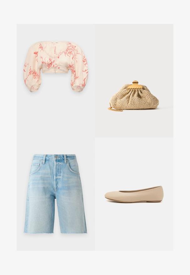 Valge-beež cropped pluus punaste lillemotiividega. Omab puhvvarrukaid ja V-kaelust. Valmistatud kergest kangast, millel on sile tekstuur.; Heledad sinise denim-lyhendid kõrgema vöökoht, viie tasku ja toore äärisega. Pehme tekstuur ja klassikaline lõige, sobivad igapäevaseks kandmiseks.; Beeži nahk balletitossud ümarate varvastega, minimaalse õmbluse detailiga, madala kanna ja diskreetse logoga taga. Sile, mati tekstuur.; Beežist heegeldatud klähv kuldse kettaga ja kuldse klambriga, millele on graveeritud "Marc Jacobs", helel ühevärvilisel taustal.