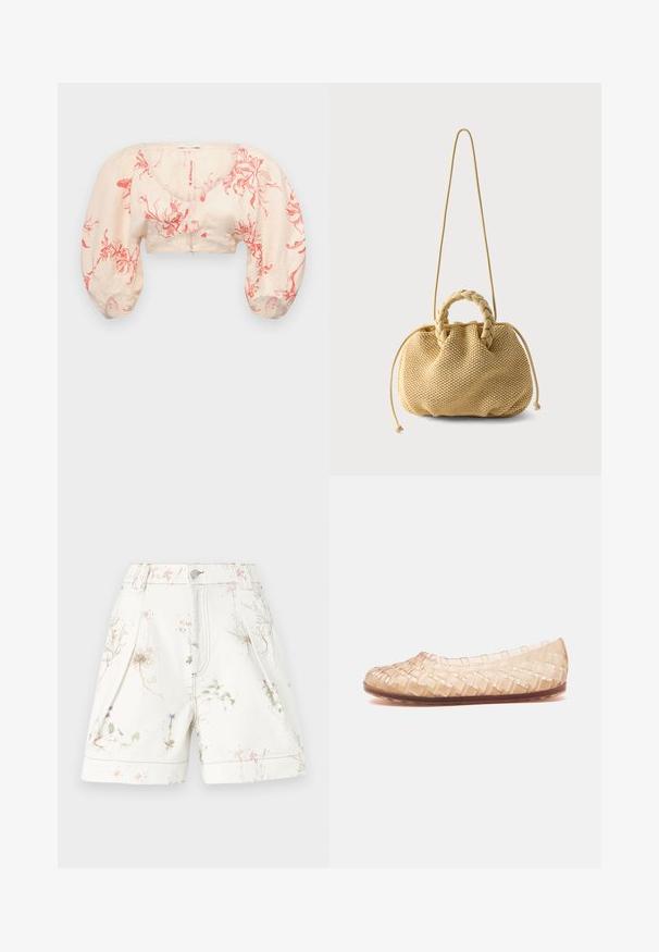 Korte blouse in lichtbeige met rode bloemenpatroon. Heeft pofmouwen en een V-hals. Gemaakt van lichte stof met een gladde textuur.; Witte shorts met bloemenprint in roze en blauw. Gemaakt van katoen, met zijzakken en een knoopsluiting. Algehele textuurdesign.; Beige transparante geweven platte schoen met ronde neus en bruine zool, zijaanzicht op witte achtergrond.; Beige geweven handtas met gevlochten bovenhandvatten, tunnelzijden met trekkoord en een lange dunne schouderriem op een effen witte achtergrond.