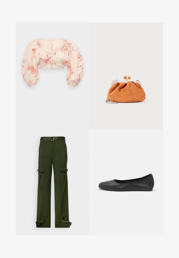 Cropped blouse in light beige with red floral pattern. Features puffed sleeves and a V-neckline. Made of lightweight fabric with a smooth texture.; Green cargo pants made of durable fabric. Features include a belted waist, multiple large pockets, and buckled straps at the ankles.; Black leather ballet flat with a rounded toe, smooth texture, minimal stitching detail, and a flexible sole design.; Small orange woven clutch purse with silver metal frame, round clasp, and a silver chain strap on a white background.