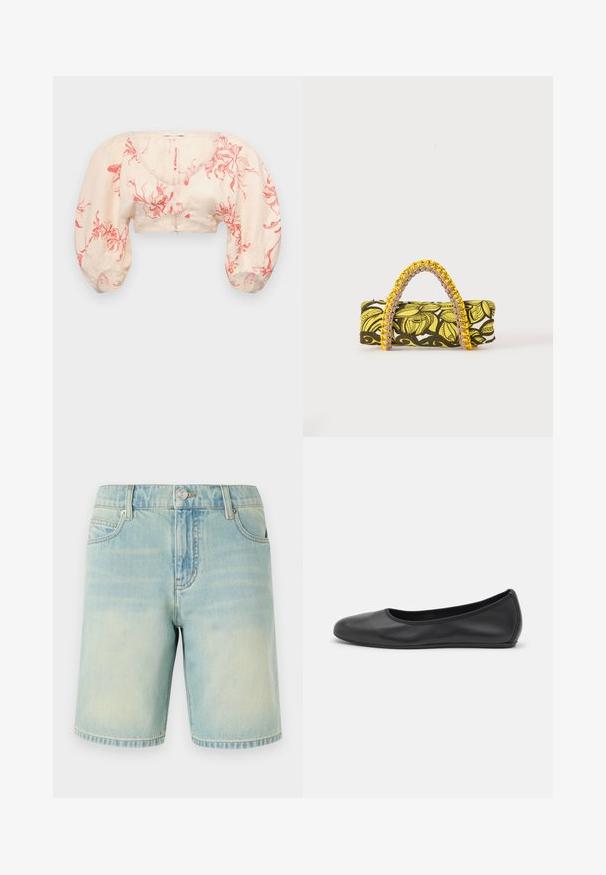 Kurzes Oberteil in hellbeige mit rotem Blumenmuster. Verfügt über Puffärmel und einen V-Ausschnitt. Hergestellt aus leichtem Stoff mit glatter Textur.; Hellblaue Denim-Shorts mit einem verblassten Finish, ausgestattet mit einem Fünf-Taschen-Design, sichtbaren Nähten und einem Metallknopfverschluss am Bund.; Schwarze Leder-Ballettschuhe mit abgerundeter Spitze, glatter Textur, minimalen Nähdetails und einem flexiblen Sohlen-Design.; Rechteckige Tasche mit gelbem und schwarzem Blumenmuster und geflochtenem gelb-pinkem Griff auf weißem Hintergrund.
