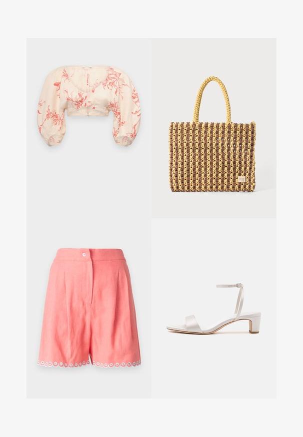 Afskåret bluse i lys beige med rødt blomster mønster. Har pufærmer og V-halsudskæring. Lavet af letvægtsstof med en glat tekstur.; Lyserøde linnedshorts med plissee og bølget kant med hvide og blå accentcirkler. Inkluderer en frontlukning med knap.; Loeffler Randall ALICE - Sandaler - cream; Vævet taske i brun og gul, med en rektangulær form, to håndtag, og en tekstureret overflade med synlige sting og et mærke.