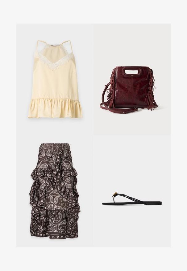 Camisole en satin crème avec bordure en dentelle blanche au niveau de l'encolure, bretelles spaghetti réglables et ourlet à volants.; Jupe marron avec motifs paisley et floraux blancs, volants superposés et nœud à l'avant à la taille.; Sandale plate noire en forme de tongs avec plusieurs fines lanières et une petite déco dorée en forme de larme sur la lanière avant.; Sac à main carré en cuir bordeaux avec poignée découpée, détails de franges latérales et bandoulière réglable sur fond uni.