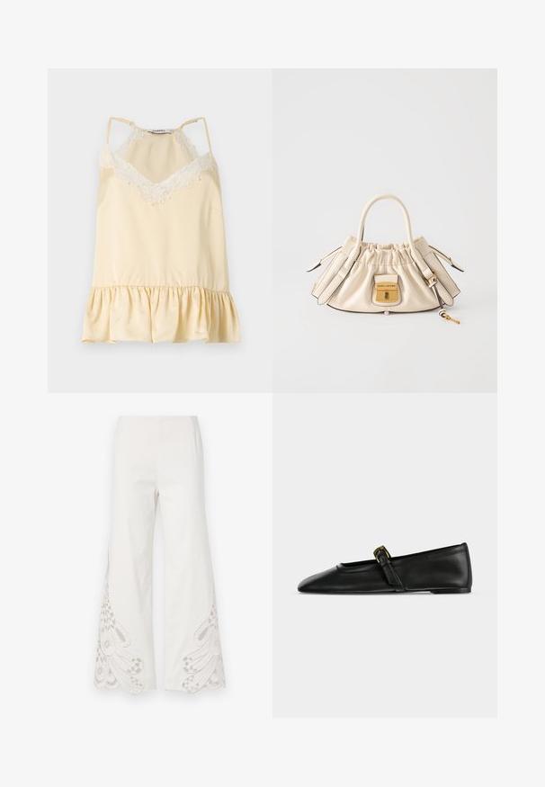 Camisole en satin crème avec bordure en dentelle blanche au niveau de l'encolure, bretelles spaghetti réglables et ourlet à volants.; Pantalons larges en tissu blanc présentant des motifs de broderie beige complexes et des ourlets festonnés au bas des jambes.; Chaussure plate Mary Jane en cuir noir à bout pointu avec une fine bride munie d'une petite boucle dorée, présentée de côté sur un fond uni.; Sac à main en cuir couleur crème avec dessus froncé, doubles poignées, serrure dorée gravée "Marc Jacobs" et pendentif clé attaché sur fond blanc.