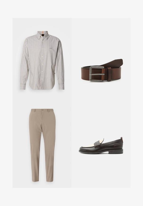 BOSS RICOPLUS_M - Hemd - grey/sand; Beige maßgeschneiderte Hose mit glatter Textur, slim Fit und vorderen Knopfverschluss. Keine sichtbaren Muster oder Verzierungen.; Dunkelbrauner Herrenschuh aus Leder mit cremefarbenem Stoffpaneel und klassischem, genähtem Riemendetail, flacher Sohle und Zuglasche an der Ferse.; Brauner Ledergürtel mit einer silbernen Metallschnalle. Hat eine glatte Oberfläche und klare Kanten, mit einem kleinen Präge-Logo auf der Schnalle.