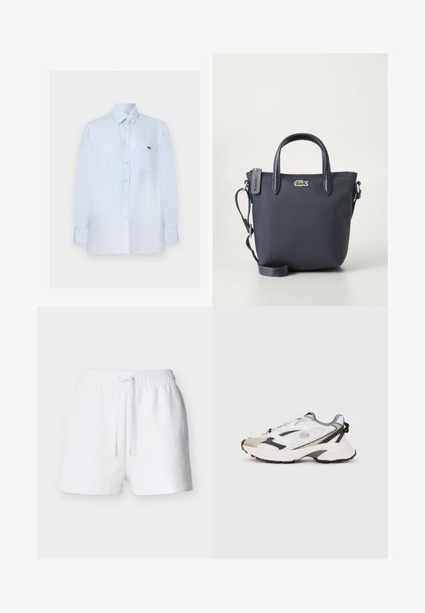 Chemise bleu clair à manches longues avec boutons, poche poitrine et petit logo crocodile vert sur la poche.; Shorts à taille élastique blanche avec cordon de serrage, ourlet droit et petit logo sur le côté droit.; Baskets blanches et grises avec un dessus en mesh, accents noirs et semelle texturée. Comprend des lacets, un logo et des éléments de design contrastants.; Sac à main bleu marine en tissu texturé, avec deux poignées supérieures et une bandoulière détachable. Il présente un petit logo Lacoste et une fermeture éclair.