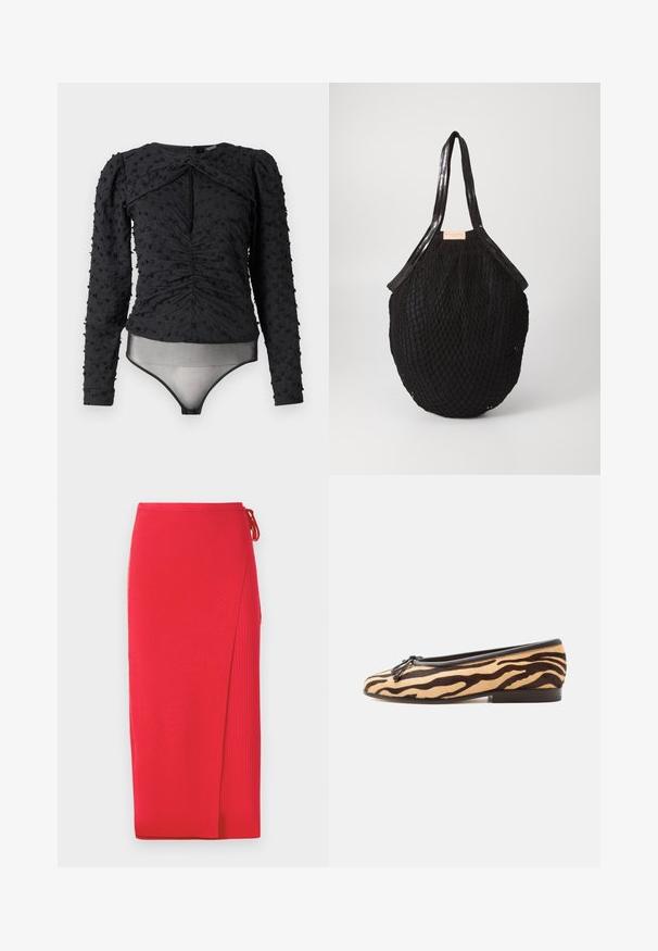 Hofmann Copenhagen EXCLUSIVE ALEXANDRA - Pusero - black; Punainen ribbineuleinen midi-hame, jossa on sivuhalkio ja vyötäröllä solmittava yksityiskohta. Pehmeä pinta ja vartalonmyötäinen siluetti.; Matalat balettikengät, joissa tiikeriraitakuosi, mustat reunukset, pieni rusetti edessä ja matala korollinen kanta valkoisella taustalla.; Mustassa kudotussa kassi, jossa on soikea muoto, sileät kahvat ja teksturoitu verkkomainen muotoilu. Tunnus näkyvissä sivussa.