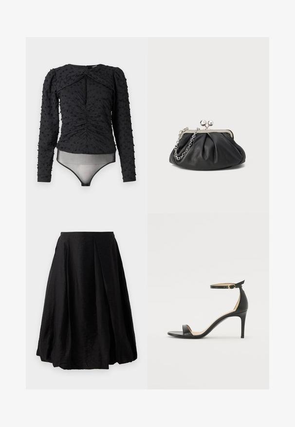 Hofmann Copenhagen EXCLUSIVE ALEXANDRA - Blouse - black; Zwarte geplisseerde rok van lichtgewicht, gestructureerde stof. A-lijn vorm met een lengte tot halverwege het kuit en een ritssluiting aan de zijkant. Geen zichtbare patronen.; Zwarte leren hoge hak sandaal met enkelbandje. Heeft een gladde textuur, open teen en een dunne hak. Gouden gesp detail.; Zwarte leren clutch met geplooide textuur, zilverkleurig metalen frame, drukknopsluiting en kettingriem. Glad, zacht oppervlak.
