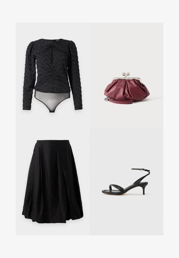 Hofmann Copenhagen EXCLUSIVE ALEXANDRA - Pluus - black; Must have mustriga mustriga kerge ja tekstuuriga kangas. A-lõikega, keskmise sääre pikkuse ja külgpaneeli lukuga. Ilma nähtava mustrita.; Mustast nahast naiste sandaal õhukeste rihmadega, varbaringi, pahkluu pandlaga ja keskmise kõrgusega kitsekontsaga neutraalsel taustal.; Väike burgundia nahast käekott, millel on hõbedane metallist kinnitus ja randmerihm valge taustaga.
