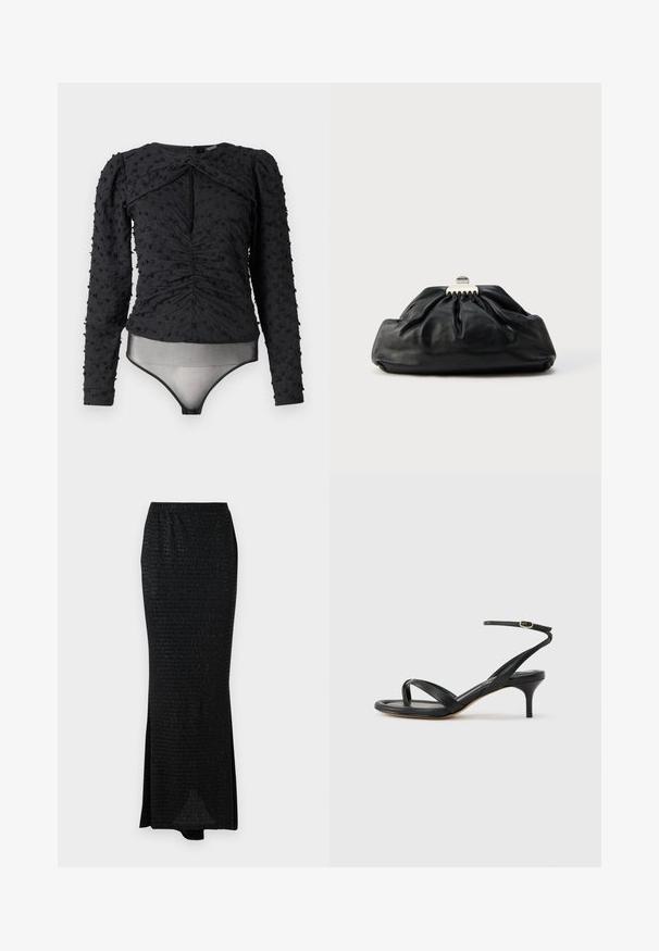 Hofmann Copenhagen EXCLUSIVE ALEXANDRA - Blusa - black; Falda larga negra con superficie texturizada, que presenta una cintura ajustada y una abertura lateral para facilitar el movimiento. Tejido suave con un sutil brillo.; Sandalia negra de cuero para mujer con tiras finas, un lazo para el dedo del pie, hebilla en el tobillo y tacón de aguja de altura media sobre un fondo neutro.; Bolso de mano de cuero negro con textura recogida, cierre de broche metálico y logo en relieve sutil en el frente. Forma redondeada.