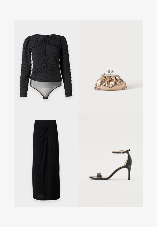 Hofmann Copenhagen EXCLUSIVE ALEXANDRA - Pluus - black; Musta midi-seelik, mis on valmistatud pehmest, langevast kangast. Omab kogutud vöökohta koos peente voltidega, luues sujuva silueti.; Must musta kõrgete kontsadega sandaal, millel on pahkluule kinnituv rihm. Omab sileda tekstuuri, avatud varbaosa ning õhukest kontsa. Kuldtooniline pandla detail.; Väike kuldse metallikatusega õlakott, millel on hõbedane kinnitus ja kett-õlarihm, ühevärvilisel heledal taustal.