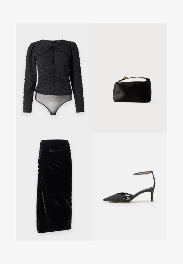 Hofmann Copenhagen EXCLUSIVE ALEXANDRA - Blúzka - black; Rabanne Puzdrová sukňa - black; Čierna kožená topánka na vysokom opätku s špicatou špičkou, otvorenými stranami a tenkým remienkom okolo členka so zlatým kovovým detailom.; Čierna saténová taška v tvare guľatého pohlavia, s hornou rúčkou a zlatým zapínaním. Hladký povrch s minimalistickým dizajnom.
