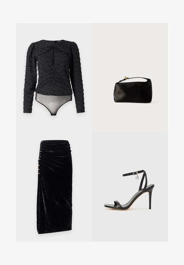 Hofmann Copenhagen EXCLUSIVE ALEXANDRA - Bluse - black; Rabanne Pencil skirt - black; Sort hæl-sandal med smal ankrem, firkantet tå-boks, glat lædermateriale og metalspænde som pynt.; Sort satinpung med en afrundet form, et håndtag i toppen og en guldaccentlås. Glat tekstur med et minimalistisk design.