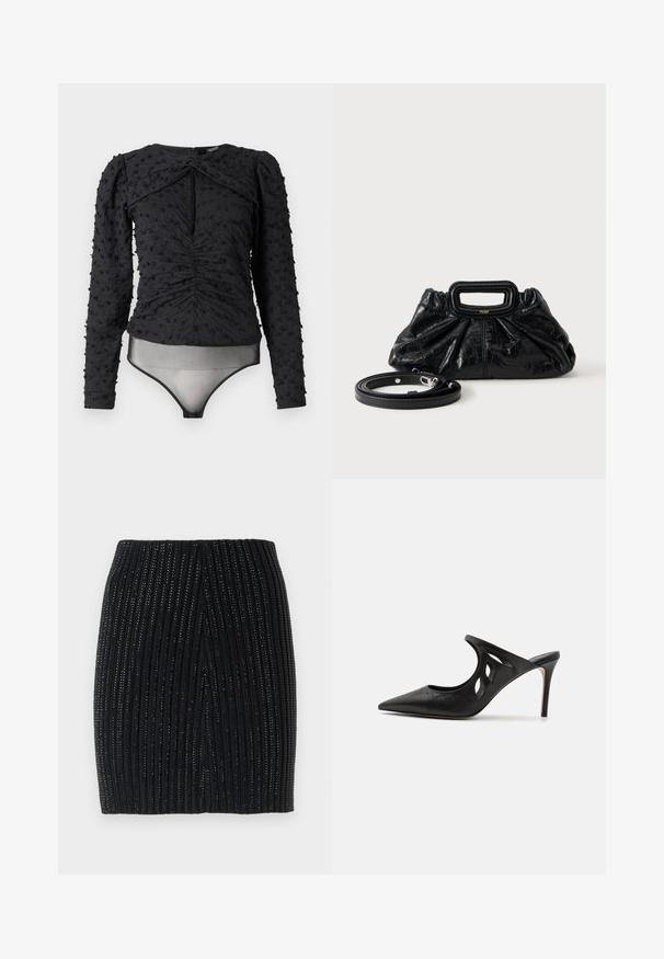 Hofmann Copenhagen EXCLUSIVE ALEXANDRA - Pluus - black; Must prahtud miniseelik vertikaalsete soonte ja peente metallniitidega. Omab keha järgivat disaini ning keskel on taga lõhik, mis tagab liikumisvabaduse.; Mustad nahast kõrge kontsaga mulesed, millel on terav varvas, lõikega küljekujundus ja sile tekstuur. Stiletto konts ja peen õmbluse detail.; Väike must nahkkäekott kortsulise tekstuuriga, ristkülikukujuline käepide ja eemaldatav õhuke õlarihm, mis on kõrval paigutatud.