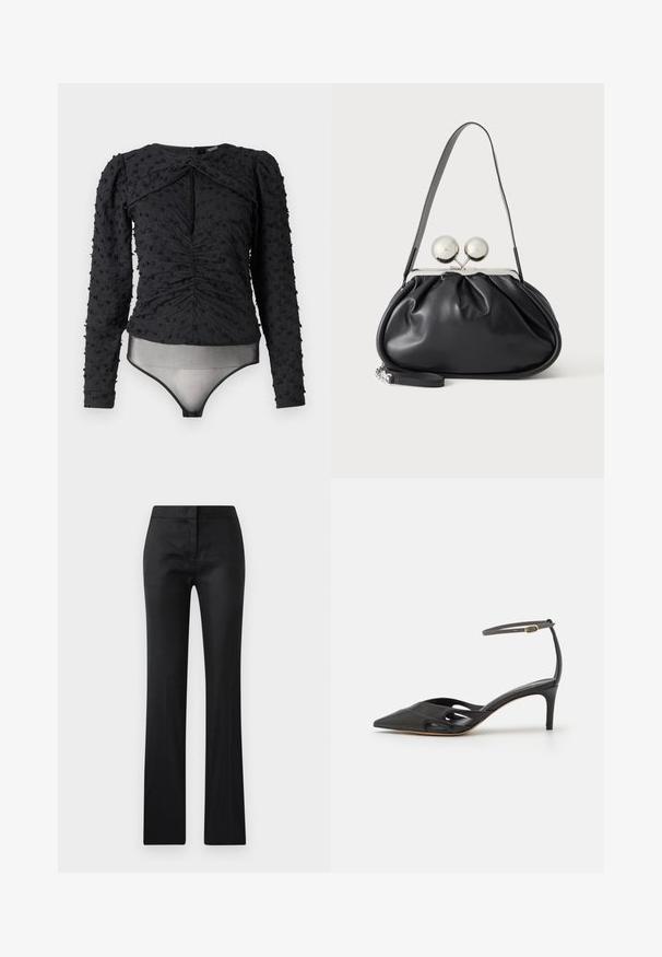 Hofmann Copenhagen EXCLUSIVE ALEXANDRA - Μπλούζα - black; Μαύρο, εφαρμοστό παντελόνι με λεία υφή, ελαφρώς γυαλιστερή επιφάνεια και ίσια γραμμή. Χωρίς ορατά αξεσουάρ ή μοτίβα.; Μαύρο δερμάτινο ψηλοτάκουνο παπούτσι με μυτερή μύτη, ανοιχτές πλευρές και λεπτό λουράκι στον αστράγαλο που διαθέτει μια μικρή χρυσή λεπτομέρεια.; Μαύρη δερμάτινη τσάντα με στρογγυλό σχέδιο, μονό λουρί, ασημένιο μεταλλικό πλαίσιο και δύο μεγάλους στρογγυλούς ασημένιους κλειδώματα.