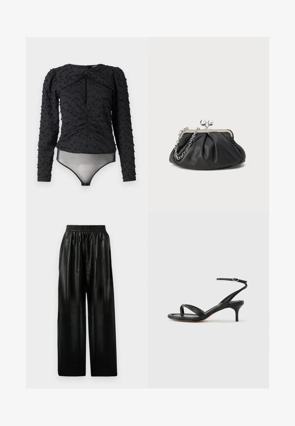 Hofmann Copenhagen EXCLUSIVE ALEXANDRA - Blúzka - black; Čierne kožené nohavice s širokými nohavicami a elastickým pásom, so štyrmi bočnými vreckami a hladkou, lesklou textúrou.; Čierne kožené sandále pre ženy s tenkými remienkami, očkom na palec, prackou na členku a stredne vysokým ihličkovým podpätkom na neutrálom pozadí.; Čierna kožená kabelka s vrúbkovou textúrou, strieborným kovovým rámom, uzáverom na pobozkanie a retiazkou na nosenie. Hladký, jemný povrch.