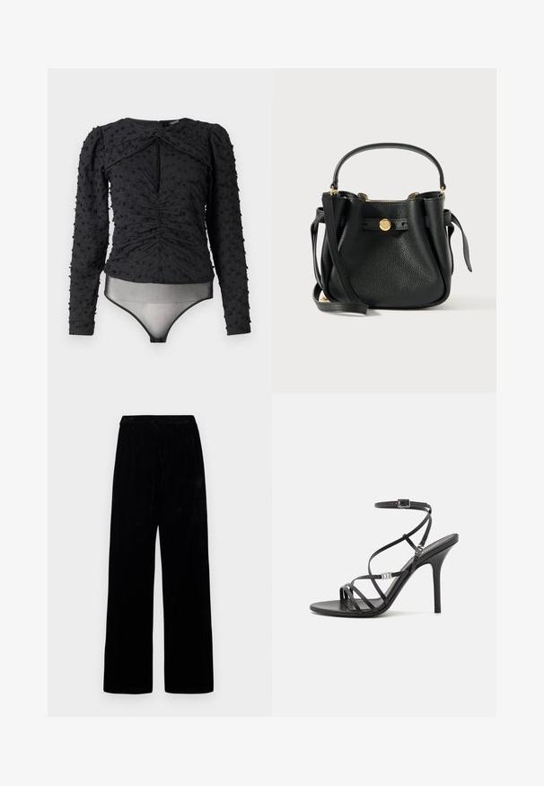 Hofmann Copenhagen EXCLUSIVE ALEXANDRA - Blouse - black; Pantalons larges noirs avec taille élastique et tissu doux en velours, affichés sur un fond clair uni.; Sandale noire à talons hauts avec des brides fines, une boucle à la cheville, une surface en cuir lisse et un talon aiguille élancé.; Sac en cuir noir texturé avec une poignée courte, une longue sangle pour épaule et un fermoir à logo rond en métal doré sur le devant.