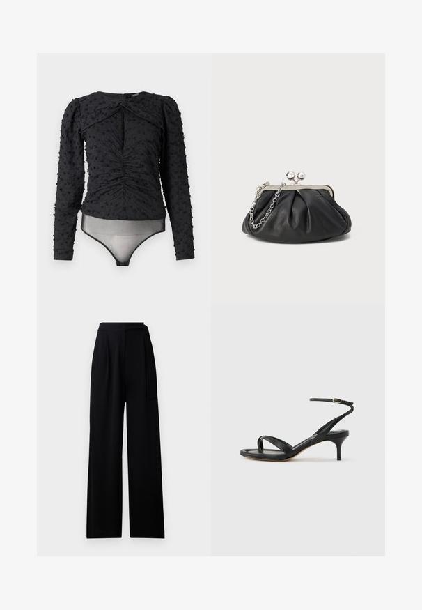 Hofmann Copenhagen EXCLUSIVE ALEXANDRA - Blouse - black; Pantalons larges noirs en tissu doux, dotés d'une taille haute et d'une ceinture à nouer assortie, avec une texture lisse et sans motifs visibles.; Sandale pour femme en cuir noir avec fines lanières, une boucle d'orteil, une boucle à la cheville et un talon aiguille de hauteur moyenne sur un fond neutre.; Porte-monnaie en cuir noir avec texture froncée, cadre en métal argenté, fermeture à verrouillage kiss-lock et bandoulière en chaîne. Surface lisse et douce.