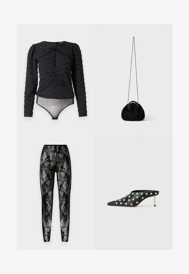 Hofmann Copenhagen EXCLUSIVE ALEXANDRA - Blouse - black; Leggings en dentelle noire avec un motif floral, en tissu transparent, et une coupe ajustée, dotés d'une taille lisse et d'ourlets fermés.; STAND STUDIO KELSEY - Mules à talons - black; Petit sac à main noir en fausse fourrure avec poignées tressées sur le dessus et longue bandoulière fine sur fond uni.
