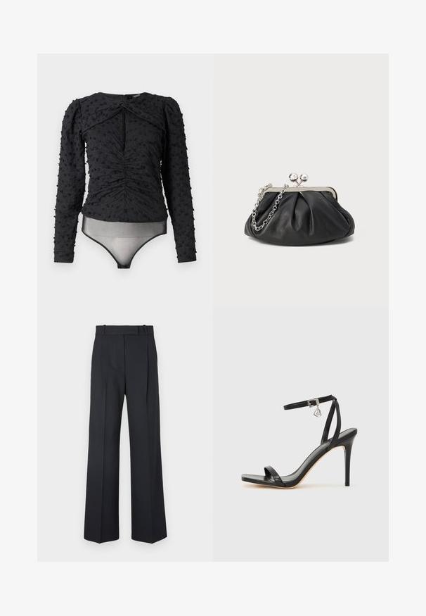 Hofmann Copenhagen EXCLUSIVE ALEXANDRA - Bluse - black; Mørkeblå stribede bukser med høj talje, vidde bendesign og ingen synlig hardware eller dekorationer. Glat tekstur og skræddersyet pasform.; Sort hæl-sandal med smal ankrem, firkantet tå-boks, glat lædermateriale og metalspænde som pynt.; Sort læder clutch med samlet tekstur, sølvfarvet metalramme, kys-lås lukning og kædestrop. Glat, blød overflade.