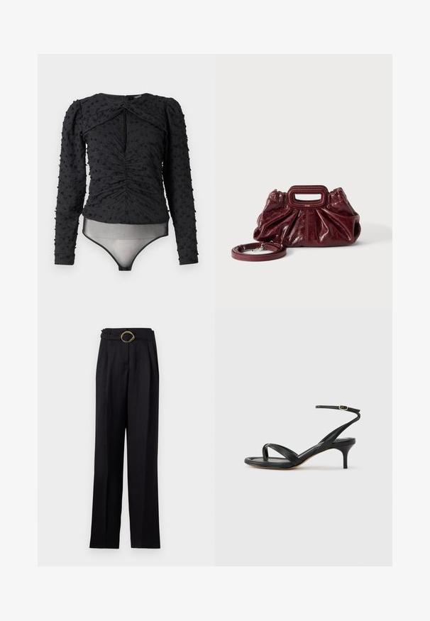 Hofmann Copenhagen EXCLUSIVE ALEXANDRA - Bluse - black; Sorte, højtaljede bukser med bred ben-design, prydet med en drejet guldbuckle på bæltet. Glat stof med subtil glans.; Sort damesandal i læder med tynde remme, en tå-loop, ankelspænde og en mellemhøj stiletthæl på en neutral baggrund.; Lille mørkerød læderhåndtaske med opsamlet struktur, rektangulært håndudskåret håndtag og aftagelig skulderrem på hvid baggrund.