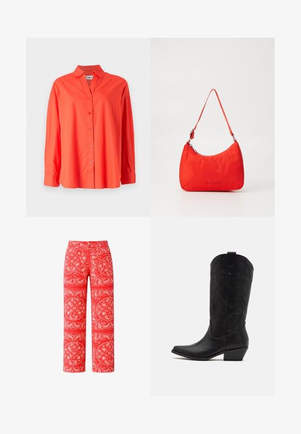 Chemise à manches longues à boutons en corail vif, fabriquée en coton léger. Dotée d'un col pointu et d'une coupe décontractée avec un ourlet arrondi.; Pantalon rouge taille haute à jambes droites avec un motif blanc complexe de fleurs et de cachemire style bandana.; Botte de cowboy en cuir noir avec un bout pointu, un talon bas empilé et un motif de feuilles embossé complexe sur la tige. Boucle en haut pour un enfilage facile.; Sac à main en nylon rouge avec une silhouette courbée, une seule anse, des accessoires en métal argenté et un logo embossé à l'avant. Texture lisse.