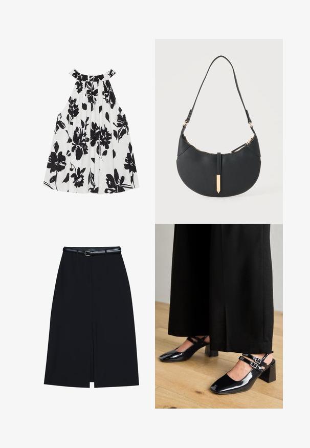 Top sin mangas en blanco y negro con textura plisada, escote redondo y un estampado floral audaz que presenta grandes flores oscuras.; Falda negra hasta la rodilla con una abertura en la parte delantera, hecha de tejido suave. Presenta un delgado cinturón negro con una hebilla plateada y pasadores para el cinturón.; Zapatos de charol negro tipo slingback con puntera cuadrada, que cuentan con dobles correas ajustables en el tobillo y tacones en bloque. Acabado suave y brillante.; Bolso negro en forma de media luna con una sola correa, cremallera dorada y una lengüeta decorativa rectangular dorada en la parte delantera.