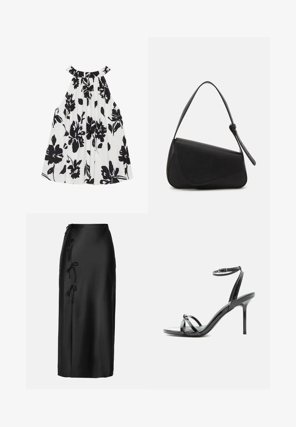 Haut sans manches noir et blanc à motif floral avec une texture plissée, un col rond et un imprimé floral audacieux mettant en avant de grandes fleurs sombres.; Anna Field MIDI SKIRT - Jupe crayon - black; Sandale à talon haut en cuir verni noir avec de fines lanières croisées sur les orteils et une sangle à boucle à la cheville sur fond blanc.; Sac à main en cuir noir de forme triangulaire, avec un rabat incliné et une poignée supérieure arrondie. Il présente une texture lisse et des détails de design minimalistes.