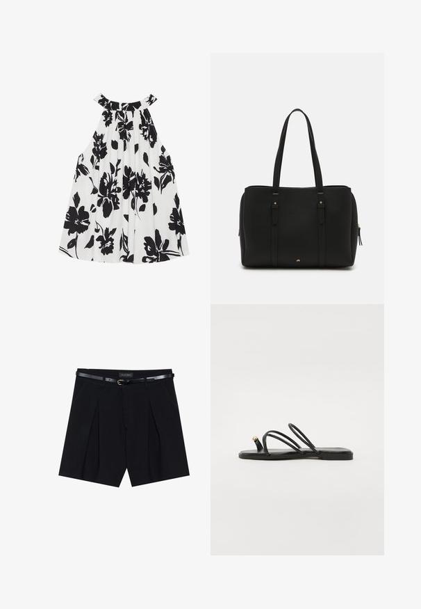 Top sin mangas en blanco y negro con textura plisada, escote redondo y un estampado floral audaz que presenta grandes flores oscuras.; Shorts negros a medida con pliegues, que cuentan con un cinturón negro delgado con hebilla dorada. Elaborados en un tejido suave, ofrecen un aspecto pulido.; Call it Spring LUNAROSE - Sandalias de dedo - black; Bolsa tote negra hecha de cuero texturizado, con dos asas largas, un cierre de cremallera y sutiles acentos dorados en el herraje.