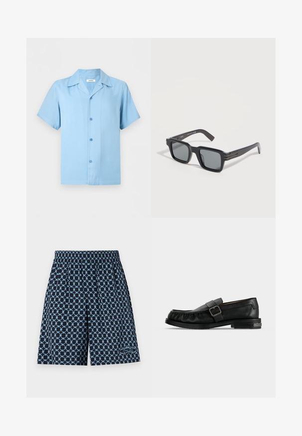 Chemise bleu clair à manches courtes avec col pointu, quatre boutons sur le devant et un ourlet droit.; Shorts bleu marine avec motif géométrique en boucles bleu clair, taille élastique, et petit logo "Sandro Paris" près de l'ourlet sur la jambe droite.; Mocassin en cuir noir avec une bride à boucle, détails cousus autour de la pointe, et un petit talon avec un accent métallique.; Lunettes de soleil rectangulaires noires avec des verres teintés foncés et des branches épaisses, reposant sur une surface grise claire.