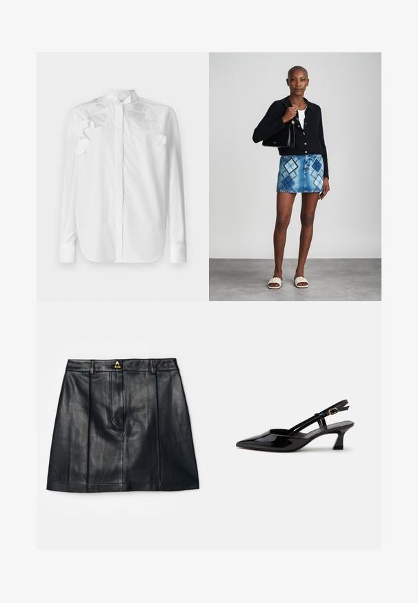 Weißes Langarmhemd aus Baumwolle mit Stehkragen. Verfügt über gestufte Rüschendetails an den Schultern und eine Knopfleiste vorne.; AERON RUDENS SKIRT - A-Linien-Rock - black; Schwarzer Slingback-Pumps aus Lackleder mit spitzer Spitze und verstellbarem goldfarbenem Riemen auf weißem Hintergrund.; Schwarze Strickjacke, weißes Oberteil, Jeansrock mit blauem und schwarzem Diamantenmuster, schwarze Handtasche und beige Rutschsandalen.