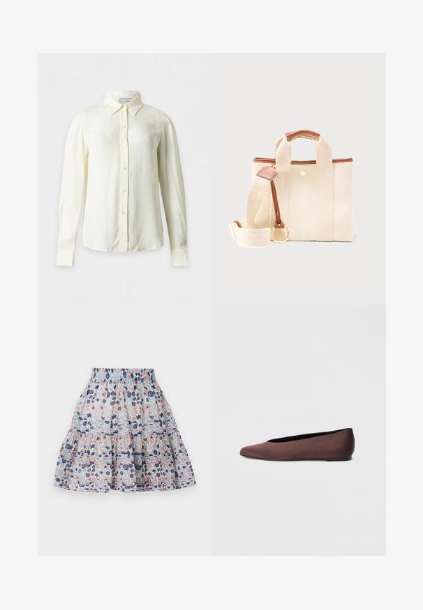 Langærmet cremefarvet bluse med spids krave og knapper foran, vist på ensartet baggrund uden mønstre eller yderligere genstande.; Blomstret nederdel i lyseblå, med pink og marineblå blomster. Lagdelt design med elastisk talje og blødt, struktureret stof.; Brune balletflade sko i stof med spids tå og glat tekstur, med lav hælkappe og tynd sort sål. Ingen synlige mønstre eller beslag.; Beige stofnet med bred skulderrem, brun lædertrim, guldringsdetalje og lille guldsnapslukning.