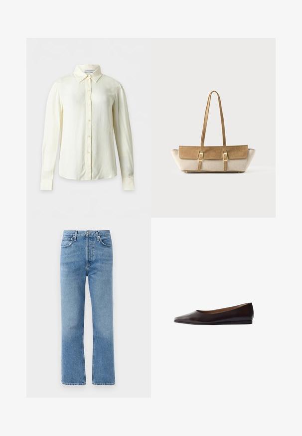 Langärmlige cremefarbene Bluse mit spitzem Kragen und vorderen Knöpfen, dargestellt auf einem schlichten Hintergrund ohne Muster oder zusätzliche Gegenstände.; Hellblaue Denim-Jeans mit geradem Bein, hoher Taille, fünf Taschen und Kupferhardware. Glatte Textur mit verwaschenem Finish.; Schwarzer Leder-Spitzflachschuh mit niedrigem Absatz und glattem Finish, seitlich auf weißem Hintergrund gezeigt.; Beige und hellbraune rechteckige Schultertasche mit Wildlederklappe, zwei goldenen Schnallen, langen dünnen Trägern und breiten Stoffseiten auf weißem Hintergrund.