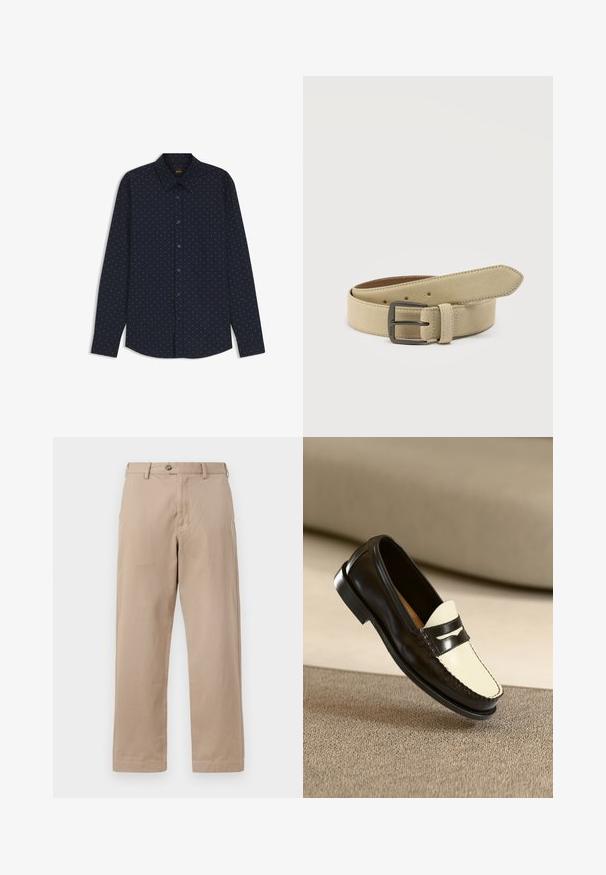 Navyblaues Langarmhemd mit kleinen weißen Tupfen und klassischem Kragen, dargestellt auf weißem Hintergrund.; Beige Chino-Hosen aus leichtem Baumwollstoff, mit einem Reißverschluss und Knopfverschluss sowie gerader Beinform und Fronttaschen.; Schwarze Lederloafer mit einem cremefarbenen Schaft und schwarzen Akzentstreifen, ausgestattet mit einem niedrigen Absatz und detaillierter Naht entlang der Kanten.; Beigefarbener Wildledergürtel mit einer rechteckigen dunklen Metallschnalle, mehreren Einstelllöchern und einer genähten Schlaufe auf weißem Hintergrund.