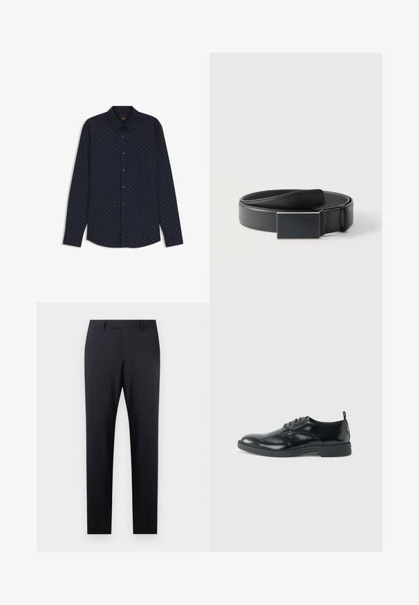 Mørkeblå langærmet skjorte med knapper og små hvide prikker samt klassisk krave, vist på hvid baggrund.; Mørkeblå skræddersyede bukser med flad front, slim fit, sidelommer og en glat tekstur; ingen synlige mønstre eller dekorative elementer.; Blank sort læder dresssko med lav hæl, snørelukning og rund tå, vist fra siden på ensfarvet lys baggrund.; Sort læderbælte, snoet med en rektangulær mat sort spænde og diskret præget logo på hvid baggrund.