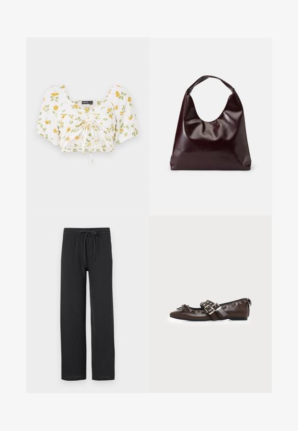 Λευκό crop top με κοντά φουσκωτά μανίκια, που διαθέτει κίτρινο και πράσινο λουλουδάτο σχέδιο. Ραφή στο κέντρο με ρυθμιζόμενα κορδόνια για καλύτερη εφαρμογή.; Μαύρο παντελόνι με χαλαρή εφαρμογή, κατασκευασμένο από υφασμάτινη ύλη με υφή, διαθέτοντας ελαστική μέση και κορδόνι για ρυθμιζόμενη εφαρμογή.; Σκούρο καφέ δερμάτινο επίπεδο παπούτσι με μυτερή μύτη, διπλές ασημένιες πόρπες, μεταλλικές τρύπες και διακοσμητικό φιόγκο μπροστά.; Μπορντό, γυαλιστερή τσάντα tote από vegan δέρμα με μαλακή, γλυπτική μορφή και ευρεία, καμπυλωτή λαβή για εύκολη μεταφορά.