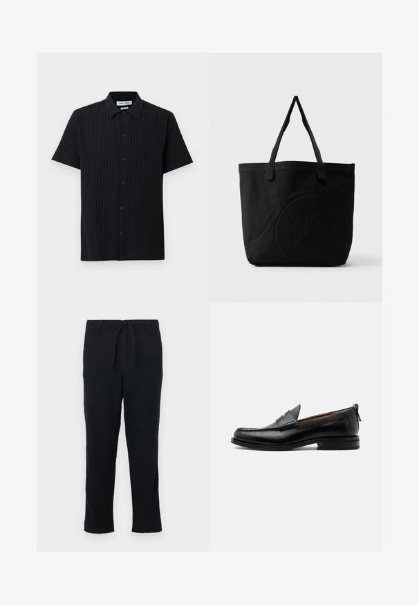 Camisa negra de manga corta con botones, con rayas verticales texturizadas y cuello puntiagudo sobre un fondo blanco.; Pantalones negros de tela suave con cintura ajustable, diseño de pierna recta y dobladillo simple sin bolsillos ni adornos.; Mocasín de hombre de piel negra con costura moc toe, tira penny, cuello texturizado y tacón bajo apilado sobre fondo blanco.; Bolsa tote de lona negra con dos correas para el hombro y un diseño circular en relieve sutil en el frente.