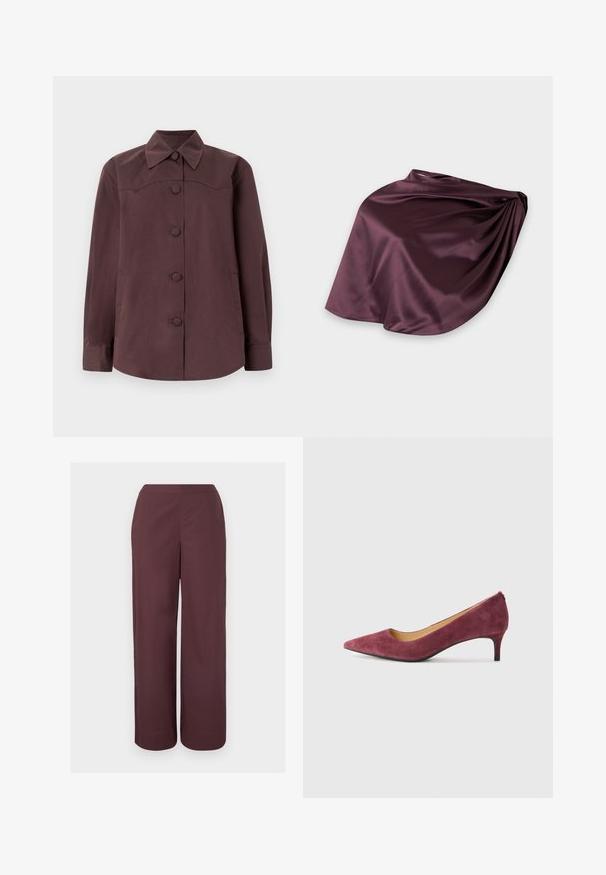 Donkerbruine blouse-jas met lange mouwen, een puntige kraag en vijf bedekte knopen aan de voorkant op een lichte achtergrond.; Bruine broek met hoge taille en wijde pijpen, met een gladde voorkant en zijzakken, weergegeven tegen een effen lichte achtergrond.; Bordeaux suède hoge hak pump met een spitse neus, lage hak en een gladde binnenvoering. Textuur aan de buitenkant en een slank, klassiek ontwerp.; Donkerpaarse satijnen midi-rok met een gladde, glanzende afwerking en een geplooid detail aan één kant tegen een effen lichte achtergrond.