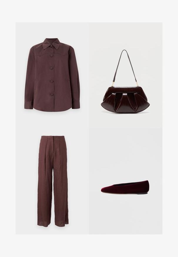 Veste-chemise à manches longues brun foncé avec col pointu et cinq boutons recouverts sur le devant, sur un fond clair.; Pantalon large taille haute marron foncé avec plis sur le devant et taille structurée, fabriqué en tissu léger.; Ballerines en velours bordeaux avec un bout arrondi et un talon bas, présentant une texture lisse et un design élégant.; Sac à main en cuir marron foncé avec plis froncés, ferrures dorées et une seule bandoulière, sur un fond clair uni.