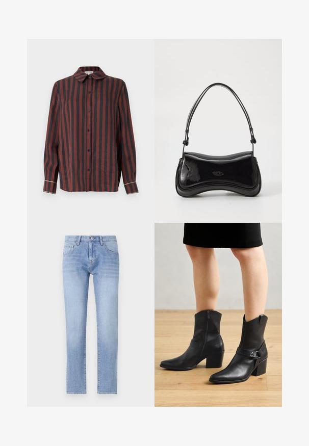 Overhemd met lange mouwen en knopen, voorzien van verticale rode en donkerblauwe strepen, een kraag en contrasterende accenten op de manchetten.; Lichtblauwe denim jeans met een recht model, vijf-pocketontwerp en lichte wassing. Beschikt over een knoopsluiting en standaard ceintuurlussen.; Zwarte leren enkellaarzen met een puntige neus, ritssluiting, gebogen hak en een decoratieve band met metalen accenten.; Zwarte laarzen van patentleer met een gebogen vorm, een enkele handgreep en een ronde bodem. Beschikt over een subtiele logodetail aan de voorkant.