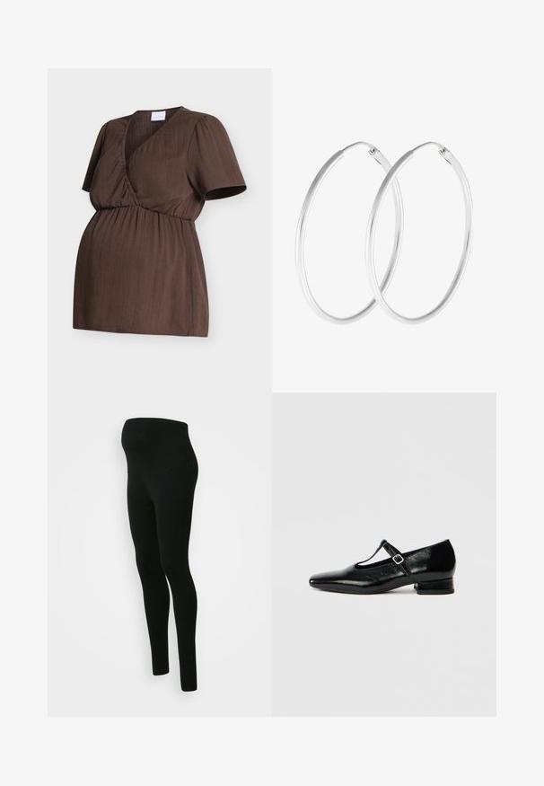 Ruskea äitiysblouse, jossa lyhyet liehukkeet hihat, V-kaula-aukko kietaisutyylillä, joustava kerätty vyötärö, esillä valkoisella taustalla.; Mustat äitiyslegginsit, joissa on korkea ja tukeva vyötärö, sileä pinta, tiukka muotoilu, eikä näkyviä kuvioita tai koristeita.; Mustat nahkaiset Mary Jane -kengät, joissa on terävä kärki, pieni lohkokorko ja säädettävä remmi hopeisella soljella. Sileä ja kiiltävä pinta.; Hopeilta näyttävät korvakorut, joissa on sileä, pyöreä muoto ja kiiltävä pinta. Molemmat korvakorut ovat samankokoisia ja niissä on turvallinen sulkemismekanismi.