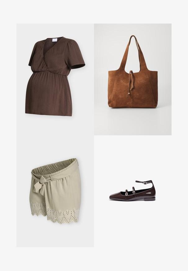 Blouse de maternité marron avec manches courtes bouffantes, col en V style portefeuille, taille élastique froncée, présentée sur fond blanc.; Shorts en tissu beige clair avec une taille élastique, une ceinture nouée à l’avant et un ourlet festonné brodé de motifs en dentelle.; Ballerines en cuir verni marron avec un bout pointu, présentant deux sangles réglables et des boucles en argent, ainsi qu'un petit talon carré.; Sac fourre-tout en daim marron avec deux longues poignées, fermeture à cordon et texture lisse. Présente un design simple et des accents minimaux.